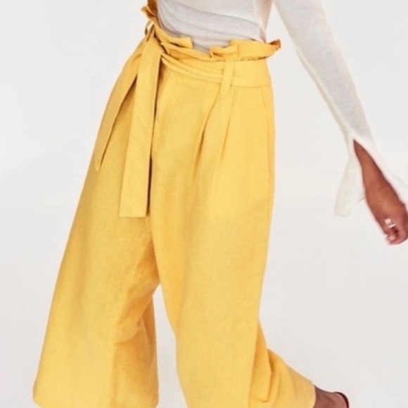 Zara Yellow Linen Wide Leg Paper Bag Cropped Palazzo Pants sz XS - Picture 9 of 16
